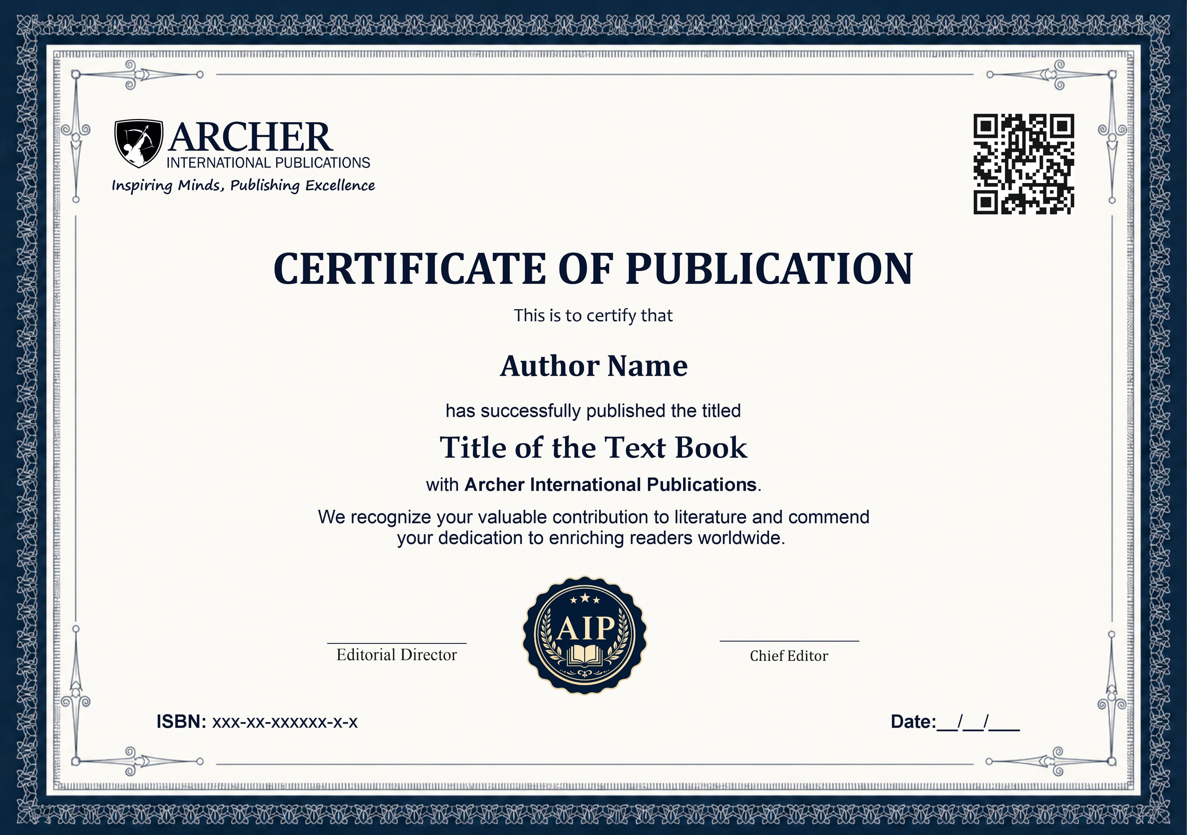 Client-supplied sample Archer certificate of publication with placeholder author, title and ISBN fields